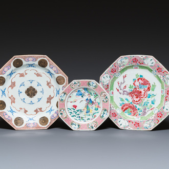 Three octagonal Chinese famille rose dishes, Yongzheng/Qianlong