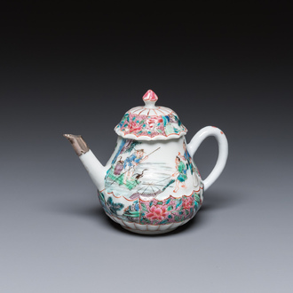 A Chinese famille rose 'fishermen' teapot and cover, Yongzheng