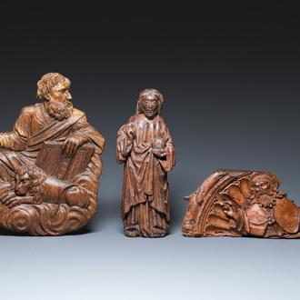 Two carved oak reliefs of Christ and one of Saint Mark, 15/16th C.