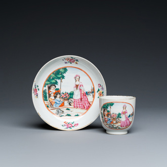 A Chinese famille rose 'European subject' cup and saucer, Qianlong