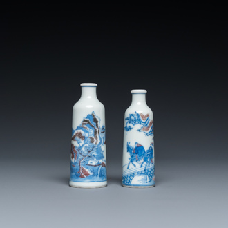 Two Chinese blue, white and copper-red snuff bottles, 19th C.