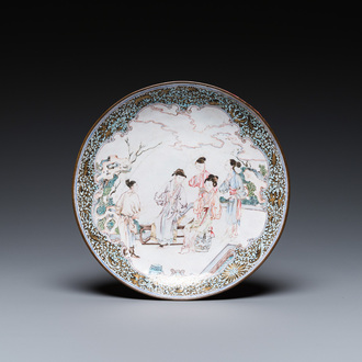 A Chinese Canton enamel 'flute players' dish with ruby edge on the back, Yongzheng