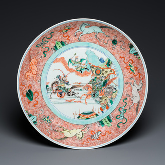 A large Chinese famille verte 'horseriders' dish, Kangxi mark, 19th C.