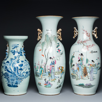 Two Chinese famille rose vases and a blue and white celadon vase, 19/20th C.