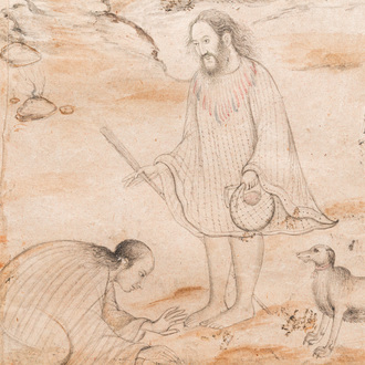 Persian school, miniature after Rizza Abassi: 'Two figures and a dog in a landscape'