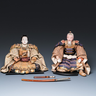 Two Japanese Gofun samurai dolls, Edo/Meiji, 19th C.