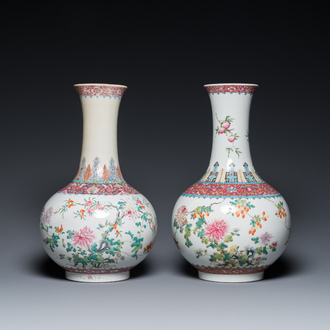 Two Chinese famille rose bottle vases, Hongxian mark, Republic