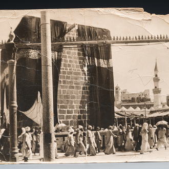A black and white photo of the Kaaba at Mecca, dated 1914