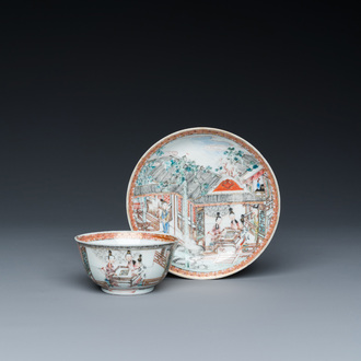 A fine Chinese famille rose cup and saucer with go-players, Yongzheng