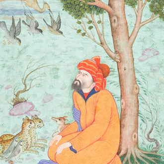 Ecole indienne, miniature: 'Homme assis entouré d'animaux'