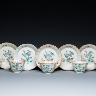 Five Chinese famille rose cups and saucers with a heron eating a fish, Qianlong