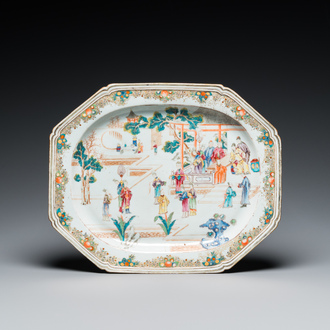 A large Chinese octagonal famille rose 'mandarin subject' dish, Qianlong