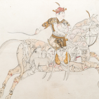 Ecole indienne, miniature: 'Guerrier sur cheval contenant des animaux et des têtes humaines'