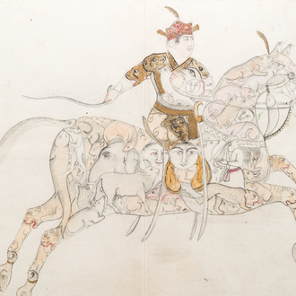 Indian school, miniature: 'Warrior riding a horse containing animals and human heads'