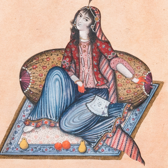 Qajar school, miniatuur: 'Rustende dame'