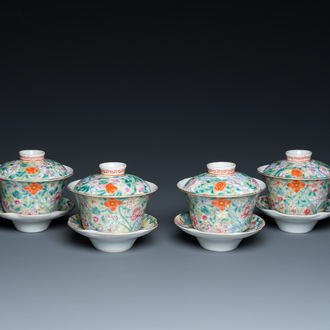 Four Chinese famille rose millefleurs covered bowls on stands, Qianlong mark, Republic