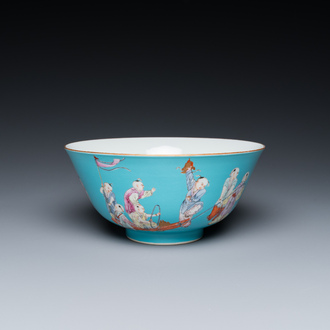 A Chinese famille rose bowl with playing boys on a turquoise ground, Qianlong mark, 20th C.