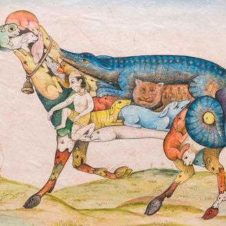 Indian school, miniature: 'A sheep composed of animals and a human'