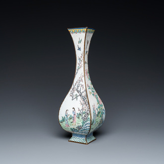 A Chinese lozenge-shaped Canton enamel 'Four gentlemen' vase, Qianlong mark and of the period