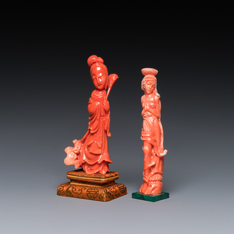 Two Chinese red coral figures of standing ladies, 19/20th C.