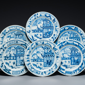 Six Chinese blue and white 'Xi Xiang Ji' dishes, Kangxi