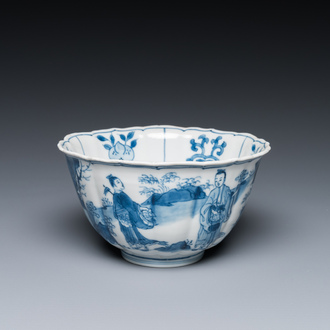 A Chinese blue and white bowl with figures in a landscape, Chenghua mark, Kangxi