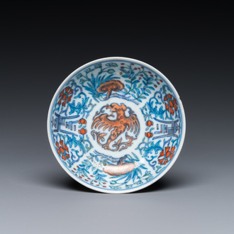 A Chinese doucai 'phoenix' saucer, Jiaqing mark, 19th C.