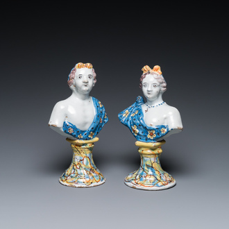 A pair of polychrome Dutch Delft busts on bases imitating marble, 18th C.