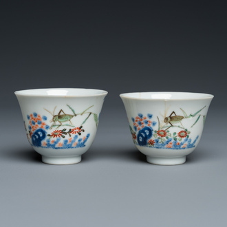 A pair of Chinese famille verte 'grasshopper' teacups, Kangxi mark but probably later