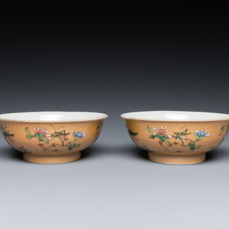 A pair of Chinese café-au-lait-ground famille rose 'grasshopper' bowls, Daoguang mark and of the period