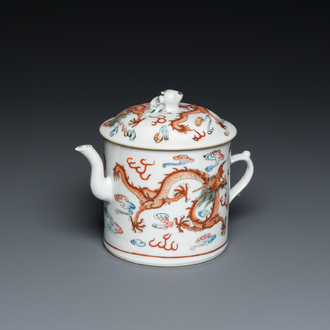 A Chinese famille rose teapot and cover with dragons among clouds, Qingwan 清玩 mark, 19th C.