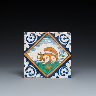 A polychrome Dutch maiolica tile with a squirrel, ca. 1600