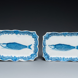 A pair of Dutch Delft blue and white 'herring' dishes, 18th C.