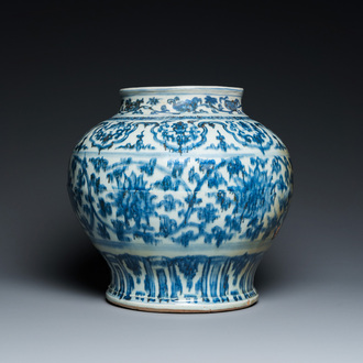 A Chinese blue and white 'guan' jar with lotus scrolls, Ming