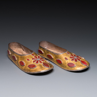A pair of carnelian-mounted gilt silver slippers, Uzbekistan, 19th C.