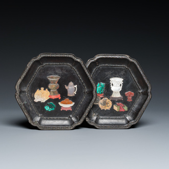 A pair of Chinese precious-stone-embellished lacquer dishes, Kangxi