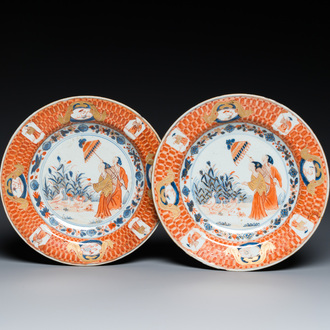 A pair of Chinese Imari-style plates with 'Parasol ladies' after Cornelis Pronk, Qianlong