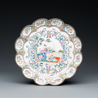 A lobed Chinese Canton enamel plate with a lady and two boys in a garden, Yongzheng