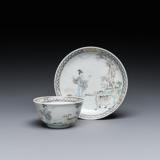 A Chinese grisaille cup and saucer with Lan Caihe, Yongzheng