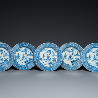 Five Chinese blue and white 'Xi Xiang Ji' plates, Qianlong