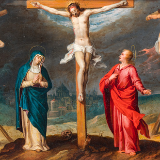 Ecole anversoise, 16ème: 'La crucifixion', huile sur cuivre