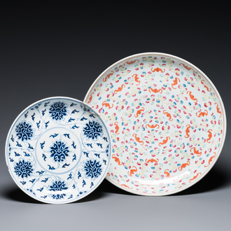 A Chinese famille rose '100 bats' dish and a blue and white 'lotus' plate, Guangxu mark and of the period