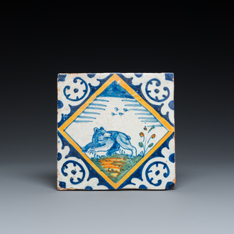 A polychrome Dutch maiolica tile with a bear, ca. 1600