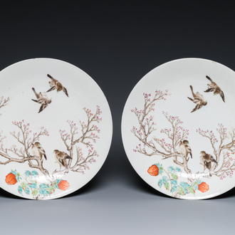 A pair of Chinese famille rose ‘magpie and prunus’ dishes, Qianlong mark, Republic