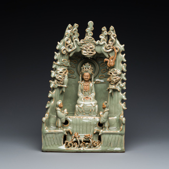 A Chinese Longquan celadon shrine of Guanyin, probably Ming