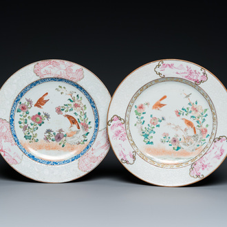 Two Chinese famille rose 'magpie and peony' plates with bianco-sopra-bianco rims, Yongzheng