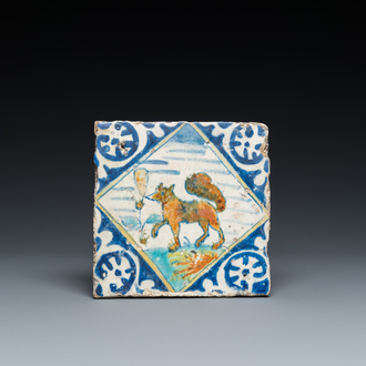 A polychrome maiolica tile with a fox, Antwerp or Middelburg, late 16th C.