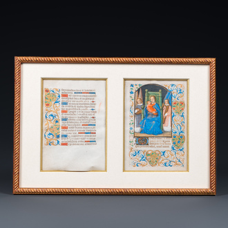 Two pages from an illuminated manuscript, possibly a Book of Hours, probably Flemish, 16th C.