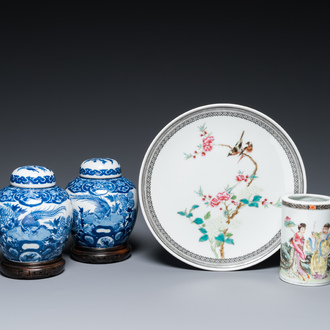 A Chinese famille rose dish, a brush pot and a pair of blue and white jars and covers, 19/20th C.