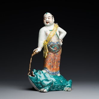 A Chinese famille rose 'Liu Hai on the toad' sculpture, signed Huang Yuanxiang 黃源項, 19th C.